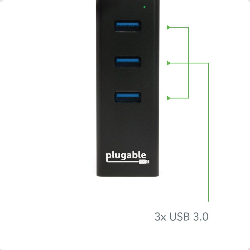 Plugable 3-Port USB 3.0 Hub with Gigabit Ethernet | Compatible with Windows, macOS, Linux, and ChromeOS | Portable USB-C/USB-A Bus-Powered RJ45 GbE LAN Adapter for Laptops, MacBooks, Chromebooks - Image 3